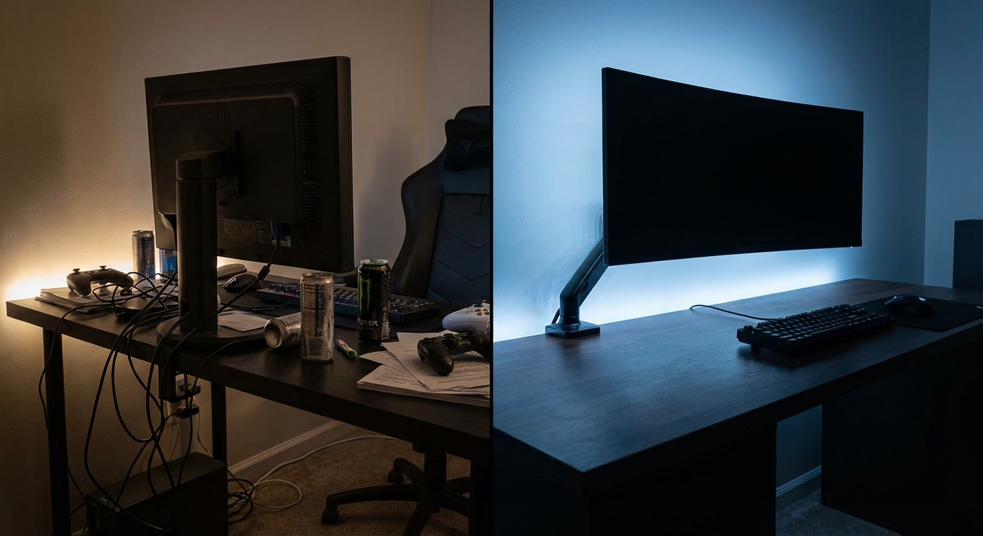 モニターアームによるデスクセットアップのビフォーアフター